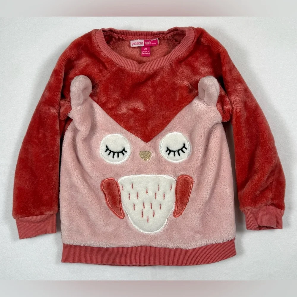 PENELOPE MACK Toddler Girl’s Faux Fur 3D‎ Owl Sweatshirt Cozy Woodland Size 2T